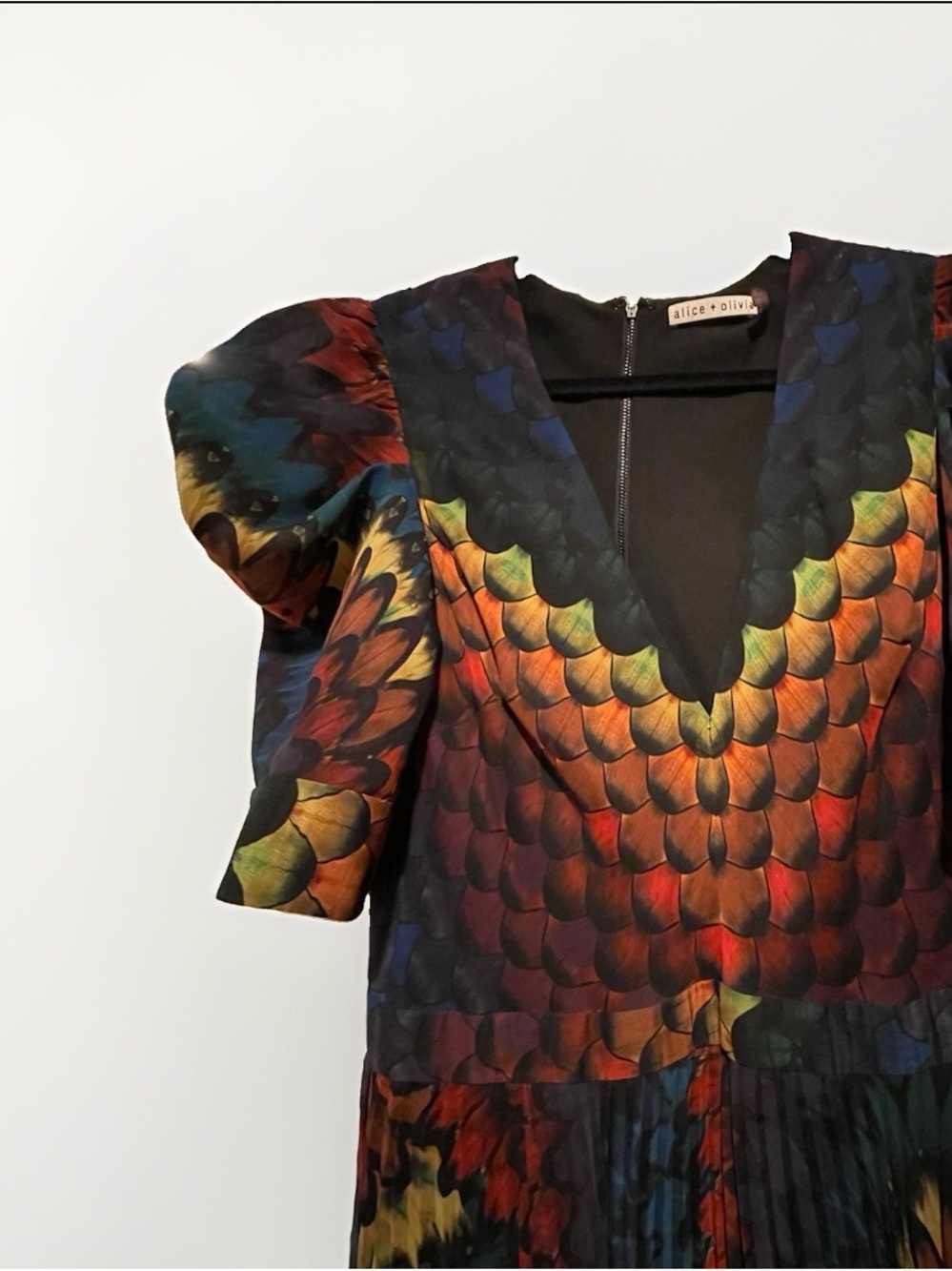 Alice + Olivia Haven Peacock Chiffon Pleated Ruffled Feather Multi Gown - Picture 7 of 9